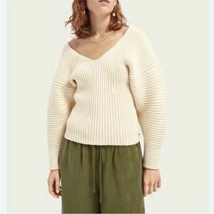 Cream V-Neck Ribbed Sweater